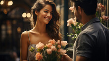 Dark Haired Guy Giving Flower Bouquet To His Girl. Generative AI