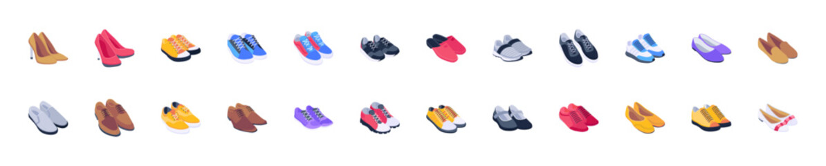 Shoes and Footwear Set Vector. Fashionable Shoes. Boots. For Man And Woman. Web Icon. Flat Cartoon Isolated Illustration	
