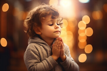 cute small boy praying in the church and jesus giving blessing, cinematic effect, studios light. gen