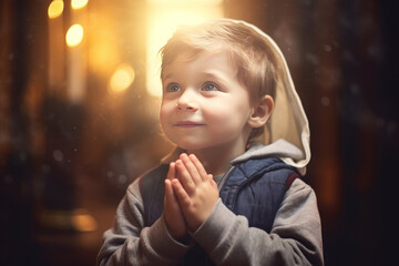 Wall Mural - Cute small boy praying in the church and Jesus giving blessing, cinematic effect, studios light. Generative AI