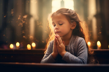cute small girl praying in the church and jesus giving blessing, cinematic effect, studios light. ge