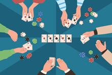 Hands Of People Playing Board Game Poker, Top View. Table In A Casino With Chips And Playing Cards. Vector Flat Illustration, Table Gambling.
