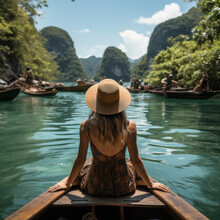Traveler Woman In Summer Dress Relaxing On Wooden Boat. Generative AI