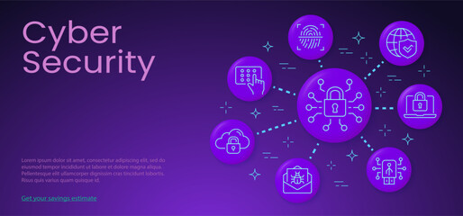 Aufkleber - Cyber security poster template with 3d icons. Set of privacy, protection, defense, safe, computer and more.
