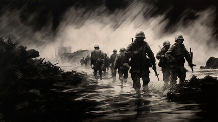 Wall Mural - Charcoal sketch of D-Day invasion scene on June 6 1944 in Normandy. Ai generative art