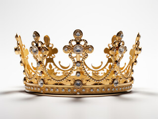 A king crown made of gold isolated on plain background. Decorated with precious stones. It is a symbol of the fame of a kingdom.