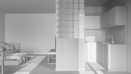 Total white project draft, modern scandinavian kitchen and living room. Velvet sofa, glass block wall. Cabinets and appliances. Minimal wooden interior design