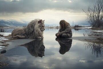 Canvas Print - Tramp vagabond Cat mirroring in a white lion, digital art illustration generative ai