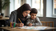 © PHdJ - Mother wearing niqab, teaching her Son, book, desk, school, preschool, toddler