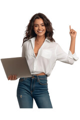 A woman in a white shirt is holding a laptop and points upwards