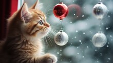 A Cat Looking Out A Window At Christmas Ornaments. Generative AI Image.