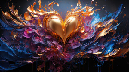 Canvas Print - Golden heart with colourful artistic swirls of purple and blue paint.