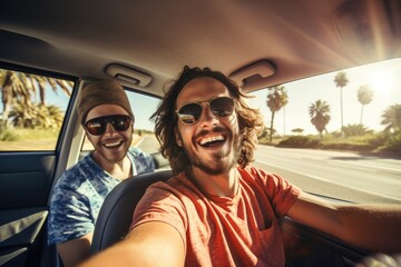 Two friends in car driving on road, having road trip, palm trees around. AI Generative