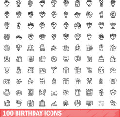 Poster - 100 birthday icons set. Outline illustration of 100 birthday icons vector set isolated on white background