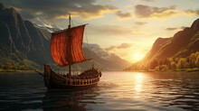 Historical Viking Ship In All Its Glory, Sailing On A Norwegian Fjord At A Spectacular Sunset. Captured In National Geographic Style. Generative AI