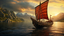 Detailed Viking Ship In Its Full Glory, Sailing Through A Norwegian Fjord During An Unforgettable Sunset. Captured In National Geographic Style. Generative AI