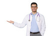 © Damir Khabirov - Smiling young male doctor showing and presenting something with hand