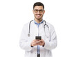 © Damir Khabirov - Portait of young male doctor in white coat smiling, holding his smartphone with both hands, using medical app