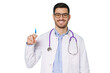 © Damir Khabirov - Young smiling male doctor in white robe and glasses, holding syringe up, ready to do vaccination of patient