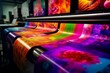 A montage of colorful printed banners and posters coming out of a high-speed roll-to-roll printer, showcasing the versatility and productivity of big ink printers. Generative AI