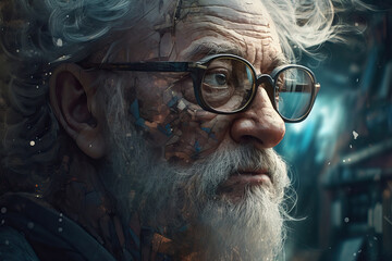 Poster - Senior cyborg man with computer head