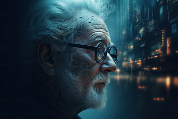 Poster - Senior cyborg man with computer head