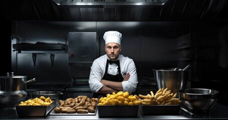 Wall Mural - A man in a chef's hat standing in front of a counter full of food. Generative AI image.