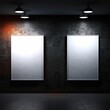 two blank poster frames for mock up. empty poster frame on wall with spotlights