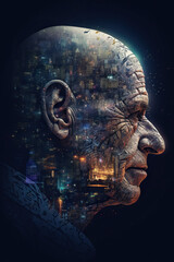 Poster - Senior man head in a piece from visual art technology
