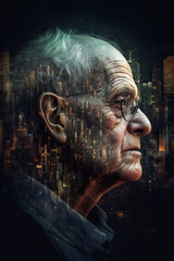 Poster - Senior man head in a piece from visual art technology
