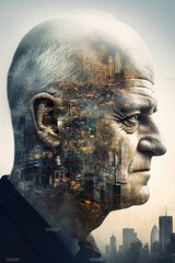Poster - Senior man head in a piece from visual art technology