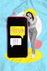 Sticker - Vertical collage image of black white effect mini girl huge smart phone display chat dialogue hello bubble isolated on paper blue background