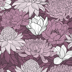 Sticker - Pattern with Peony, chrysantea, magnolia, ginger