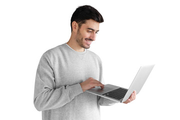 Sticker - Portrait of young man in gray sweatshirt standing, holding laptop with happy smile