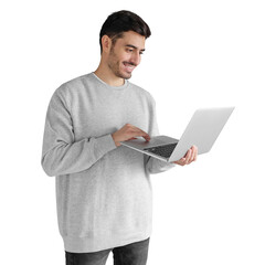 Sticker - Portrait of young man in gray sweatshirt looking at laptop screen with happy smile