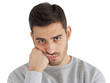 © Damir Khabirov - Close-up photo of young handsome man pressing hand to chin, looking bored, exhausted and disappointed, feeling upset facing problems