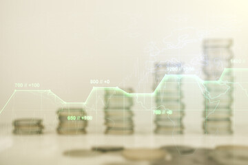 Poster - Multi exposure of abstract statistics data hologram interface on growing coins stacks background, computing and analytics concept