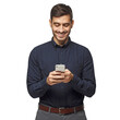 Young smiling businessman in deep blue shirt reading sms, using smartphone