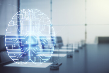 Poster - Double exposure of creative artificial Intelligence interface on a modern meeting room background. Neural networks and machine learning concept