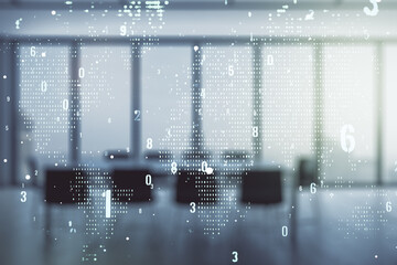 Poster - Multi exposure of abstract creative coding sketch and world map on a modern conference room background, artificial intelligence and neural networks concept