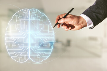 Poster - Man hand with pen working with virtual creative artificial Intelligence hologram with human brain sketch on blurred office background. Double exposure