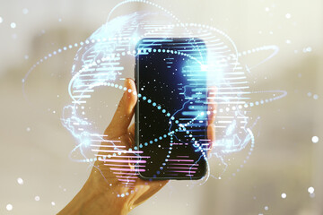 Poster - Abstract graphic digital world map with connections and hand with mobile phone on background, globalization concept. Multiexposure