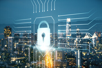 Aufkleber - Double exposure of virtual creative lock hologram with chip on San Francisco city skyscrapers background. Information security concept
