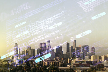 Aufkleber - Double exposure of abstract programming language hologram and world map on Los Angeles city skyscrapers background, research and development concept