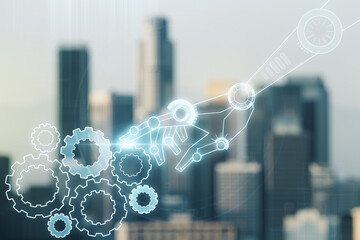 Aufkleber - Double exposure of abstract virtual robotics technology hologram on blurry cityscape background. Research and development software concept