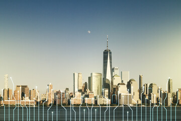 Poster - Abstract virtual micro circuit sketch on Manhattan office buildings background, future technology and AI concept. Double exposure