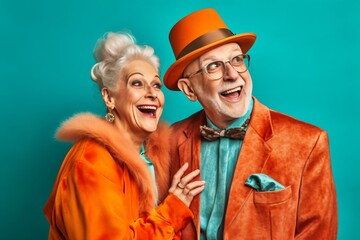 portrait of an cool and happy senior couple with hat, crazy lifestyle concept, fictional persons created with generative ai