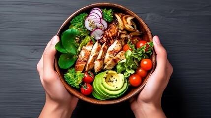 Wall Mural - Healthy food diet, Grilled chicken meat and fresh vegetable salad of tomato and avocado