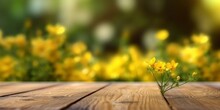 Wooden Floor And Blurred Yellow Flower Background Copy Space. AI Generated,