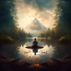 Poster - meditation in the lotus position in the serene mountains